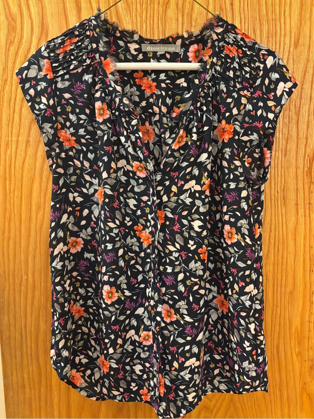 Daniel Rainn Navy Floral V-Neck Cap Sleeve Blouse